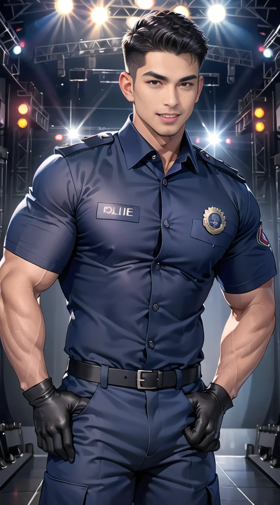 handsome man,(crew cut short hair:1.2),black eye,smile,open mouth (navy police uniform:1.2),(shirt short sleeves:1.2),collar,(shirt covered over:1.2),(name tag and Police badge:1.3),(shirt no buttons:1.1),(black_gloves:1.3), (Navy blue cargo:1.2),Korean guy,korean men,(High gloss details),(chest muscles:1.2),(large arm muscles:1.2),blood vessel,Big muscles,Broad shoulders,looking at the audience,Balancing the eyes,middle of the road,(stage:1.4),