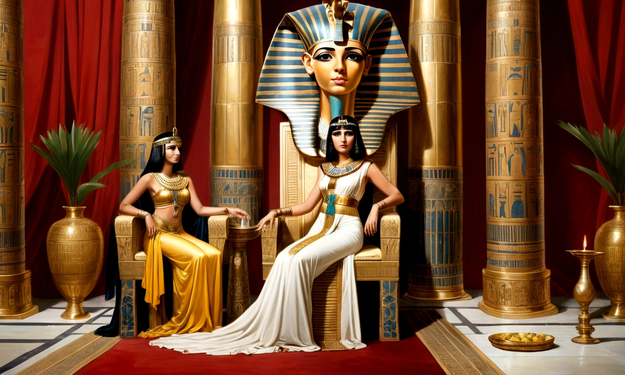 pintura que mostre Julio Cesar e Cleopatra juntos em um palácio egípcio luxuoso, with tall columns decorated with hieroglyphics and golden details, red and black silk curtains, Julio Cesar, 52 years old, should be depicted with a mature face with wrinkles and gray hair, wearing a white toga with gold embroidery and a red cape draped over her shoulders, he should be standing with a confident posture and a thoughtful expression, Cleopatra, 22 years old, must be young and beautiful with Egyptian makeup, wearing a seductive black dress with gold embroidery and fitted to the body, She may be sitting on a throne decorated with an intriguing expression or standing next to Caesar lightly touching his arm, Julio Cesar pode ter uma coroa de louros dourada e Cleopatra uma tiara ou coroa de ouro com joias, the background should show the wealth of Egypt with exotic fruits, golden vases and burning incense, clearly highlighting the age difference and majesty of both.