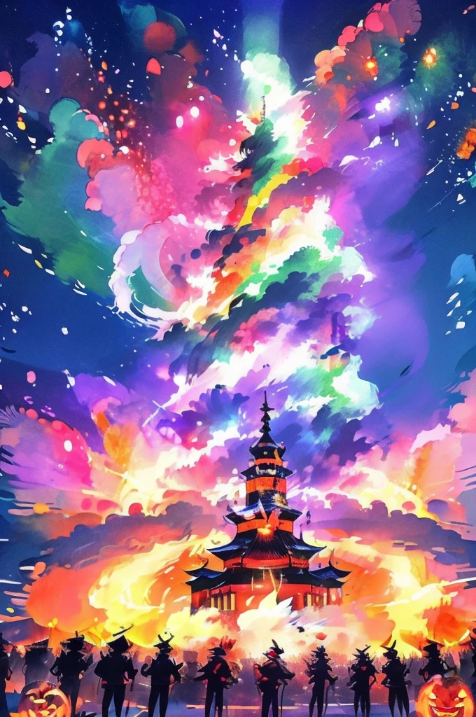 A festival that beautifully combines Japanese festivals, Halloween, and Christmas.、Painted in the style of pop art。Characterized by bright colors and bold lines.、The festival atmosphere is getting more exciting。people々While dancing in traditional festival costumes、サンタクロースやハロウィンの仮装をしたpeople々Also mixed、A joyous festival scene unfolds。The sounds of music and fireworks echoed、The venue was filled with a sense of unity。This piece of pop art is、Combining elements of different cultures and festivals、It creates new energy and creativity。