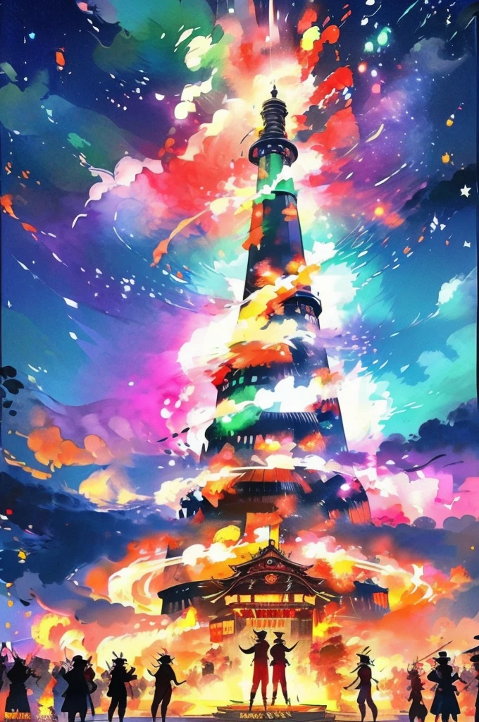 A festival that beautifully combines Japanese festivals, Halloween, and Christmas.、Painted in the style of pop art。Characterized by bright colors and bold lines.、The festival atmosphere is getting more exciting。people々While dancing in traditional festival costumes、サンタクロースやハロウィンの仮装をしたpeople々Also mixed、A joyous festival scene unfolds。The sounds of music and fireworks echoed、The venue was filled with a sense of unity。This piece of pop art is、Combining elements of different cultures and festivals、It creates new energy and creativity。