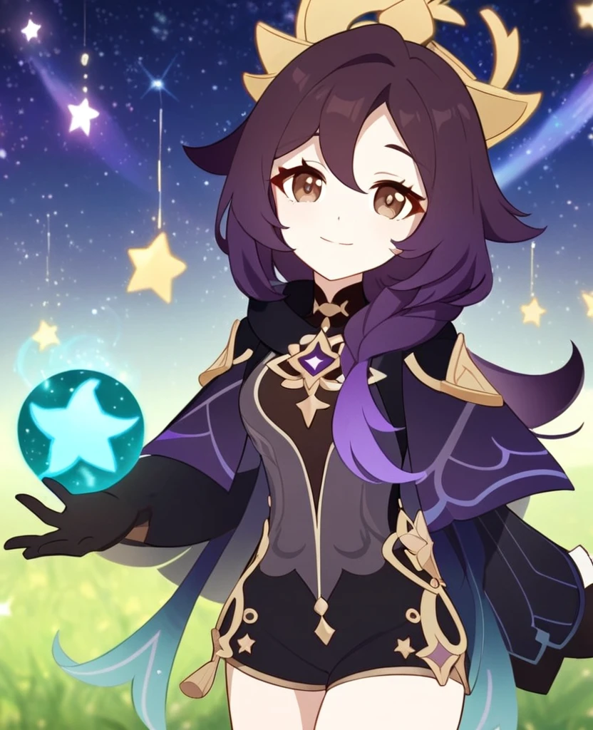 Make a Genshin Impact oc. Give her long brown, to purple ombre hair. Her vision/element is anemo. She has a star themed, teal, and black outfit. With shorts. Brown slender-ish eyes. She is very kind, and soft-hearted. She likes space and singing. Mature body. Slight head tilt, and smile. In Genshin style