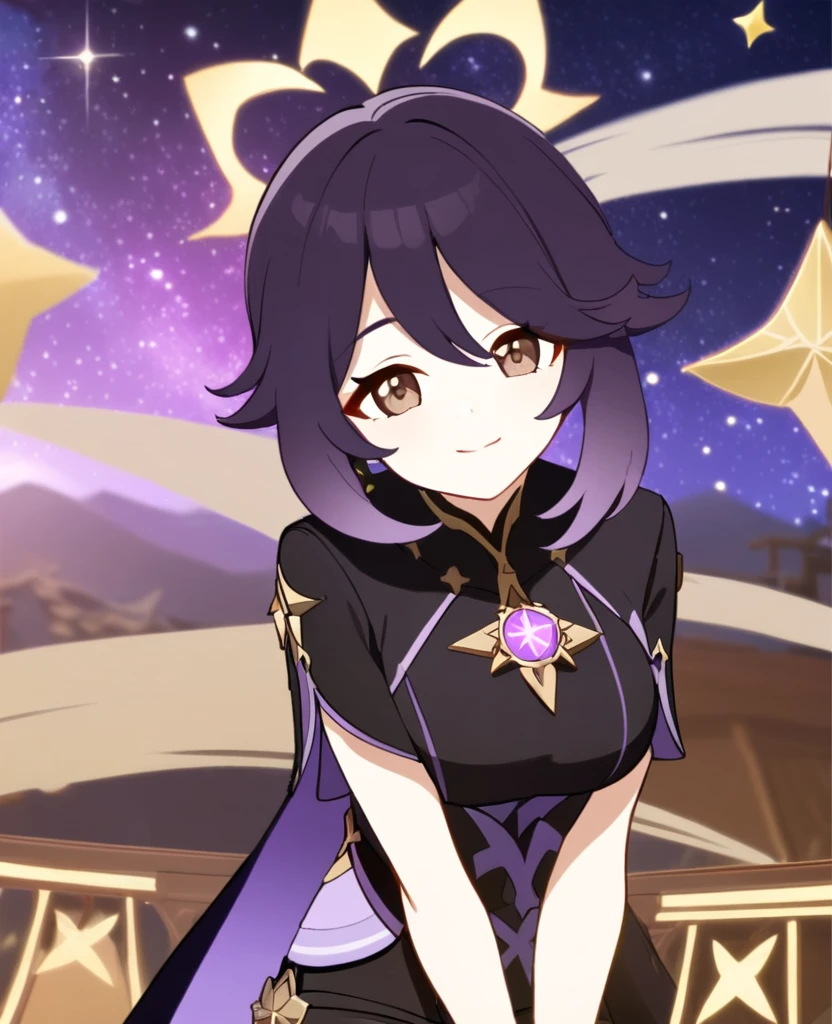 Make a Genshin Impact oc. Give her long brown, to purple ombre hair. Her vision/element is anemo. She has a star themed, teal, and black outfit. With shorts. Brown slender-ish eyes. She is very kind, and soft-hearted. She likes space and singing. Mature body. Slight head tilt, and smile. In Genshin style