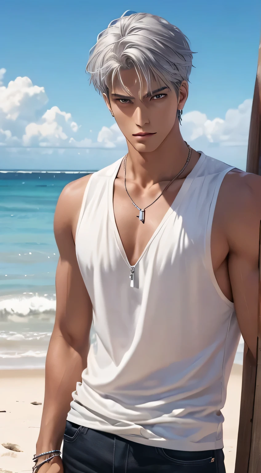 1 boy,Handsome，tall and strong,perfect male figure, eyes looking at camera, ((tanned skin)),beach，silver hair,serious expression,necklace,Ray tracing