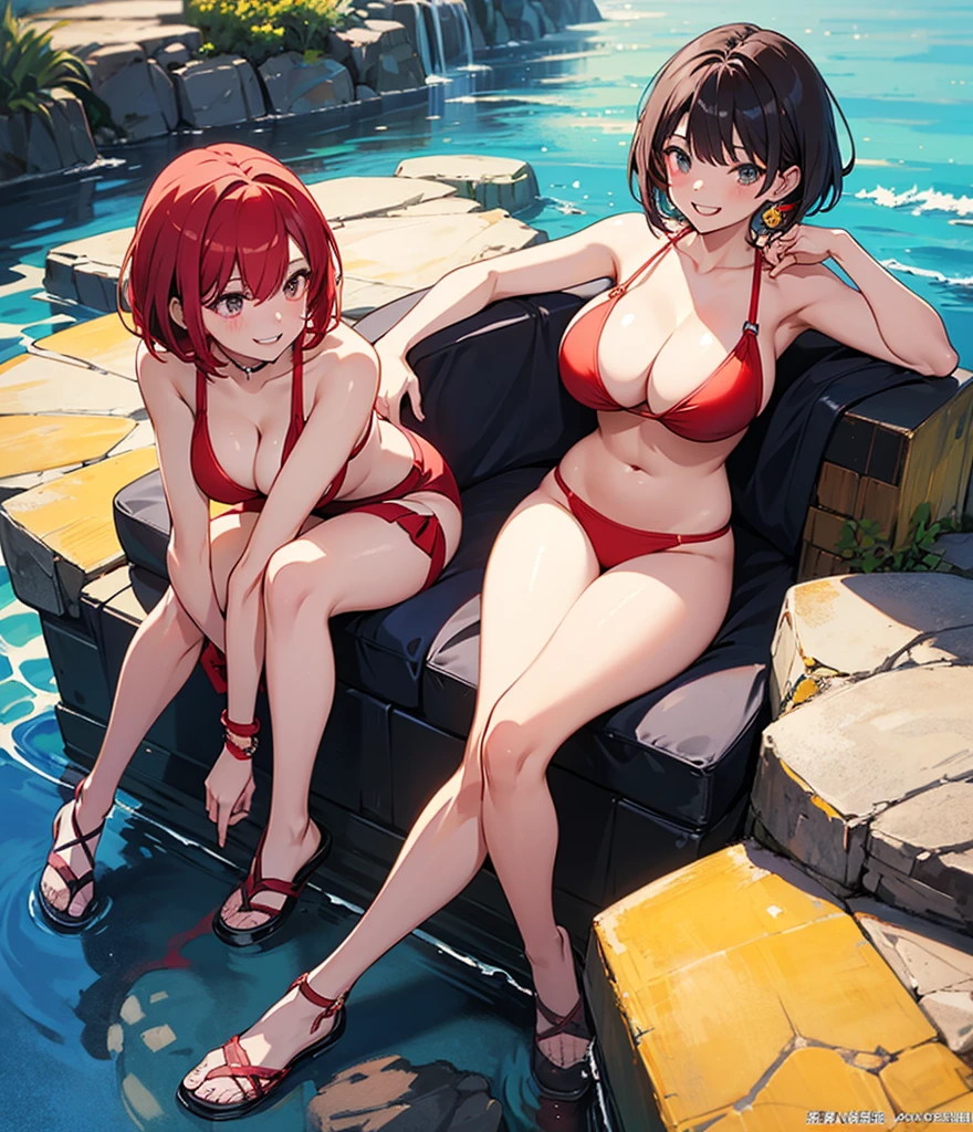 (masterpiece), (Top quality anime illustrations), Emphasize cleavage, Red Bikini,Red Hair、Swimwear、Bob Hair、Showing off big breasts、short hair、1 person、Big Breasts、Beautiful breasts、Grinning smile、transformation