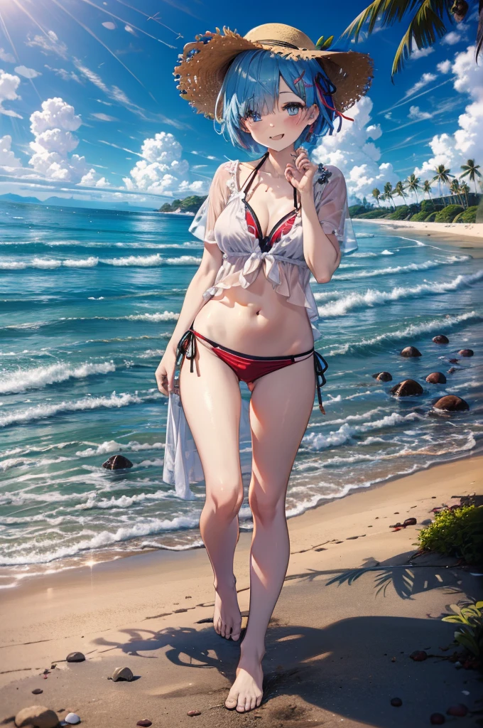 rezeroRem, Rem, blue eyes, Blue Hair, hair ornaments, Hair on one eye, Hair Ribbon, short hair, x hair ornaments,Straw hat,,happy smile, smile, Open your mouth,blush,Red T-shirt,Short sleeve,Bikini swimwear under clothes,barefoot,barefoot,walking,whole bodyがイラストに入るように,
break outdoors, Beach,Sandy Beach,
break looking at viewer, whole body,
break (masterpiece:1.2), Highest quality, High resolution, unity 8k wallpaper, (shape:0.8), (Beautiful attention to detail:1.6), extRemely detailed face, Perfect lighting, extRemely detailed CG, (Perfect hands, Perfect Anatomy),
