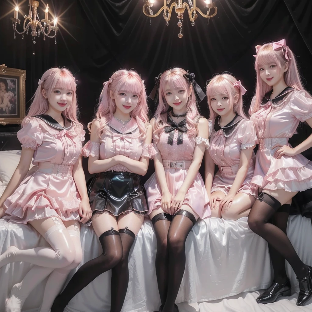 8K resolution, surreal, Super detailed, high quality, perfect anatomy, jammed, (4 girls)++, group shot, perfect proportion, full body, (((shiny pink satin, shiny pink latex, jirai fashion, shiny sailor collar, short dress with many frills, pink Lace, micro mini skirt, bow ribbon)))+, (((bleached hair)))+, ((super large breasts)), sitting on bed, (At the bedroom with Chandelier at late night), ((see-through black thighhighs))+, looking at viewer, shiny skin, ((grin, smile, happy)), ((wearing black face mask))
