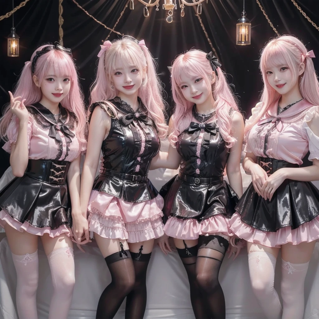 8K resolution, surreal, Super detailed, high quality, perfect anatomy, jammed, (4 girls)++, group shot, perfect proportion, full body, (((shiny pink satin, shiny pink latex, jirai fashion, shiny sailor collar, short dress with many frills, pink Lace, micro mini skirt, bow ribbon)))+, (((bleached hair)))+, ((super large breasts)), sitting on bed, (At the bedroom with Chandelier at late night), ((see-through black thighhighs))+, looking at viewer, shiny skin, ((grin, smile, happy)), ((wearing black face mask))
