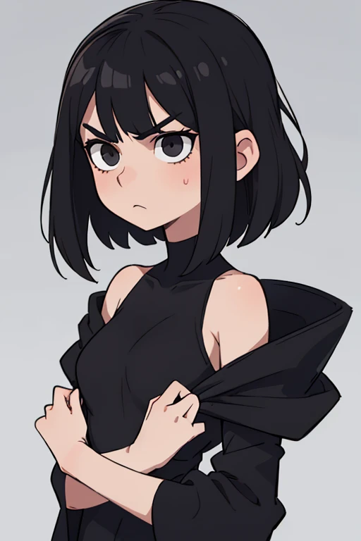 ((Best Quality, Masterpiece)),
1 girl, pale skin, shoulder length black hair, introvert, serious face, black elegant clothes.