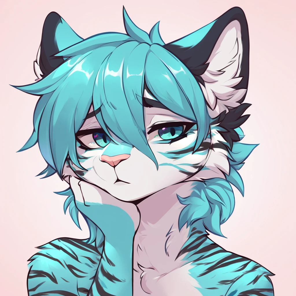 adult, feline, mammal, anthro, anthromorphic, cat, striped, fur, furred_anthro, femboy, male, blue, ear_tufts, purple, paws, hair_tuft, hair_between_eyes, long_tail, fluffy, expressive_eyes, blue/teal_hair, light looking_at_viewer, blue_fur, shy, small_pupils, spotted_pattern, stripes, tiger_stripes, digital_art, high_resolution, high_res, background shy, head_visible, neck_visible, profile_picture