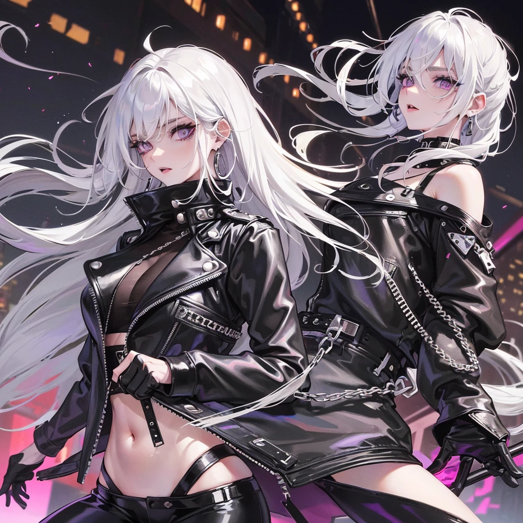 one girl , white haired with long ash hairstyle, cross earrings , cross necklace , Wearing a black leather biker jacket, black leather pants, , , city scenery , cool , Punk , Night Light , High quality, korean face, purple eyes, punk ,street wear, yakuza, nice body, beautiful face,soft skin ,attractive, mafia 