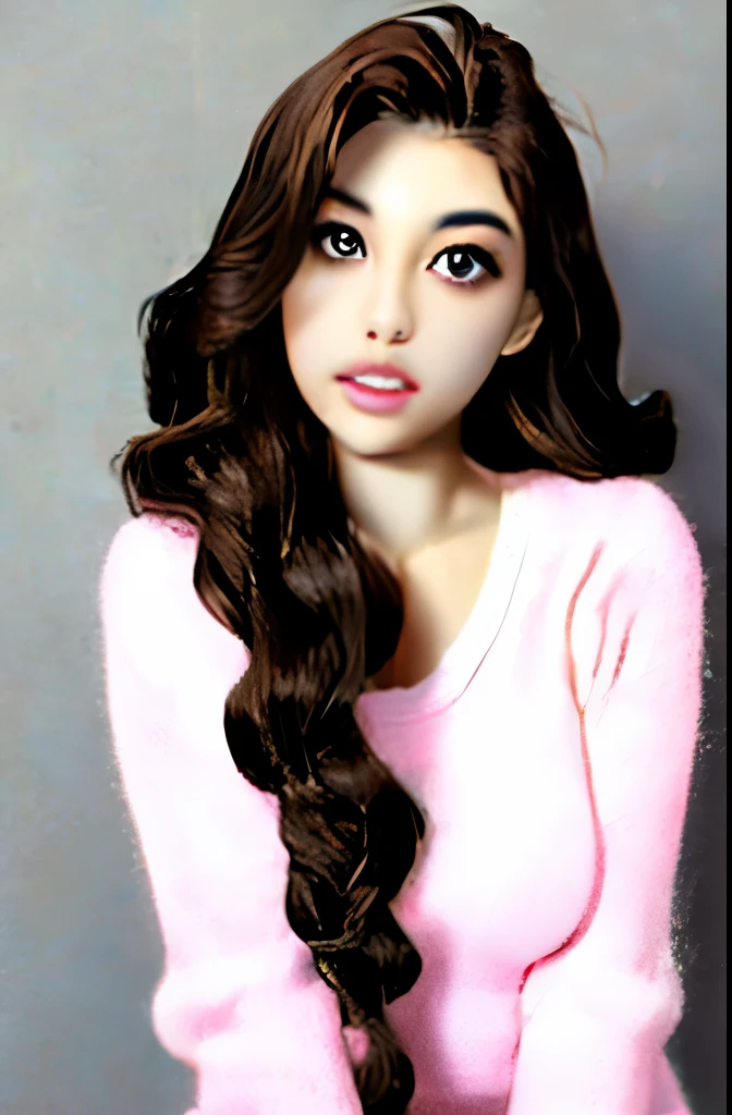 Girl, long brown hair, brown eyes, sharp features, white skin, pink lips, beautiful, soft and delicate, sweater