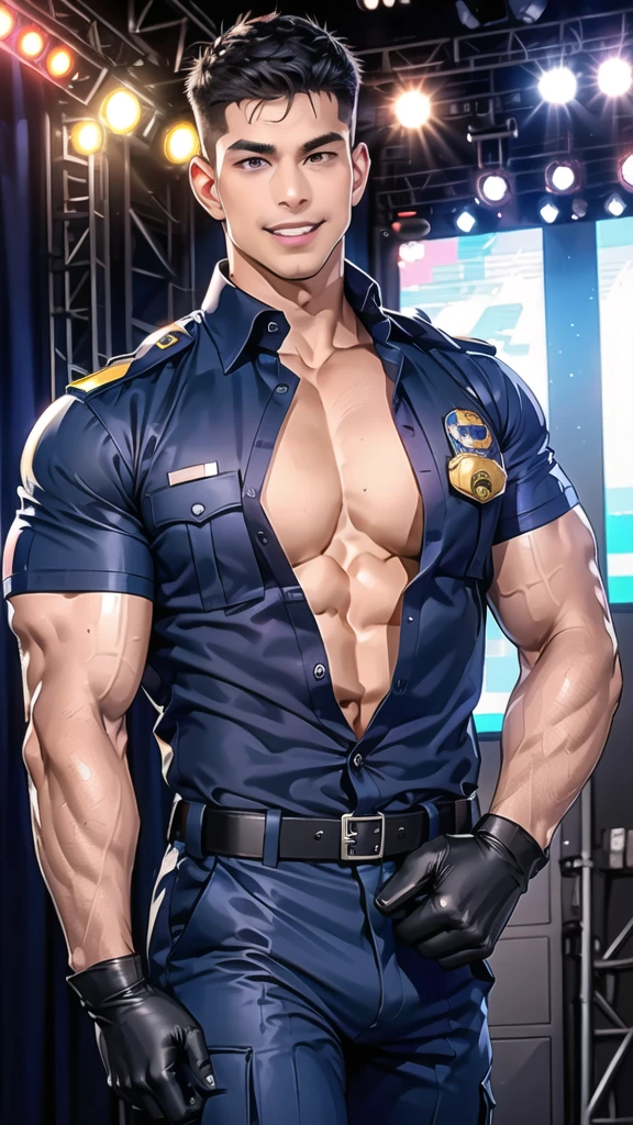 handsome man,(crew cut short hair:1.2),black eye,smile,open mouth (navy police uniform:1.2),(open shirt short sleeves:1.2),collar,(shirt covered over:1.2),(name tag and Police badge:1.2),(shirt no buttons:1.1),(black_gloves:1.3), (Navy blue cargo:1.2),Korean guy,korean men,(High gloss details),(chest muscles:1.2),(large arm muscles:1.2),blood vessel,Big muscles,Broad shoulders,looking at the audience,Balancing the eyes,middle of the road,(stage:1.4)