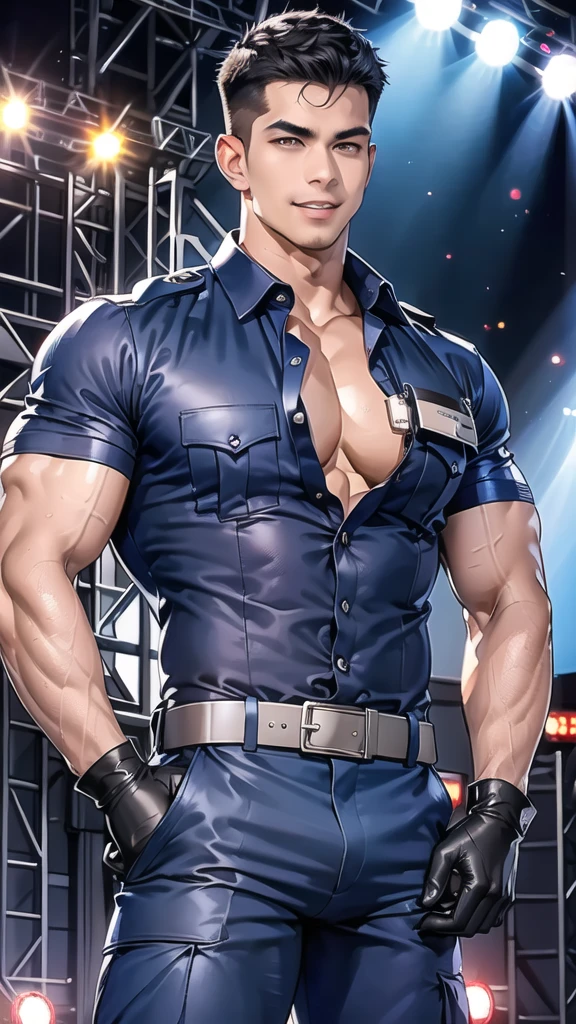 handsome man,(crew cut short hair:1.2),black eye,smile,open mouth (navy police uniform:1.2),(open shirt short sleeves:1.2),collar,(shirt covered over:1.2),(name tag and Police badge:1.2),(shirt no buttons:1.1),(black_gloves:1.3), (Navy blue cargo:1.2),Korean guy,korean men,(High gloss details),(chest muscles:1.2),(large arm muscles:1.2),blood vessel,Big muscles,Broad shoulders,looking at the audience,Balancing the eyes,middle of the road,(stage:1.4)