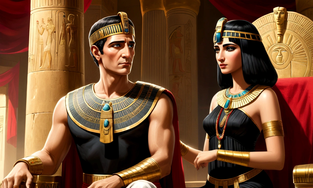 "Create a painting that shows Julius Caesar and Cleopatra together in a luxurious Egyptian palace, with tall columns decorated with hieroglyphs and golden details, red and black silk curtains, Julius Caesar should be depicted with a mature face and gray hair, wearing a toga white with gold embroidery and a red cape draped over her shoulders, he must be standing with a confident posture and a thoughtful expression, Cleopatra must be young and beautiful with Egyptian makeup, wearing a seductive black dress with gold embroidery and form-fitting, she may be sitting on a throne decorated with an intriguing expression or standing next to Caesar lightly touching his arm, Julius Caesar may have a golden laurel wreath and Cleopatra a jeweled golden tiara or crown, the background should show wealth of Egypt with exotic fruits, golden vessels and burning incense, highlighting the age difference and majesty of both."