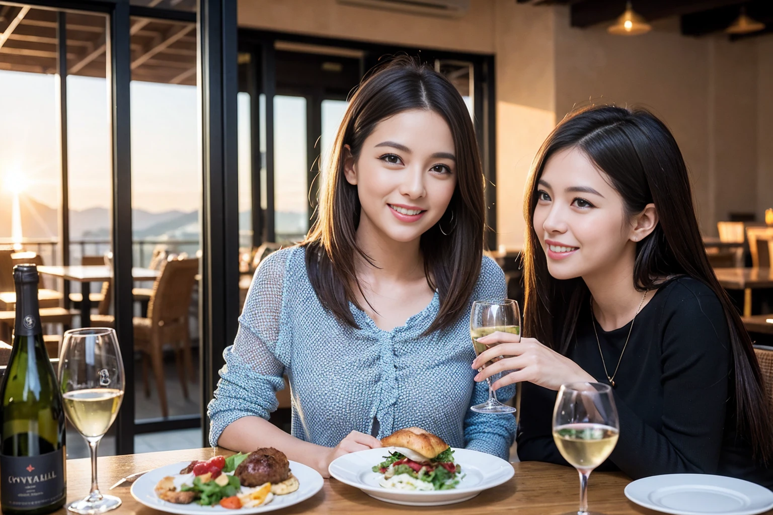 ((Highest quality、8K、masterpiece:1.3))、1 male 1 female、spouse、Beautiful couple、smile、 (Slim face), (the body is スリム), (Brown Hair), (Shortcuts), ((Bob Hale、Straight hair:1.2)), full-course dinner、テーブルの上のwine glass、Please shine a light on my face、 Amazing view of the sunset sky and clouds、Amazing mountain views、smileの美しさ、Bright image、Blushing, Shortcuts,Bright Face、 (42 years old), 39 years old, red wine 、Appetizers、Italian food、Wine bottle、Champagne、sparkling wine、Long sleeve shirt、dress、Attractive beauty、restaurant, Nova Frog Style, actress, model, Upper Body, White wine, red wine, wine glass,