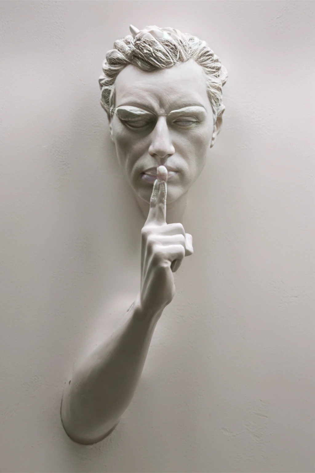 a close up of a sculpture of a person with a finger on his lips, give your mouth, don't speak badly, with the finger pointing, silence, hand on the cheek, sculpture, thinker, clay sculpture, funny sculpture, sculptor, Mauricio Cattelan, solemn gesture, hypperrealistic 3 d sculpture, by David Begbie, dramatic work of art, by Thierry Bisch