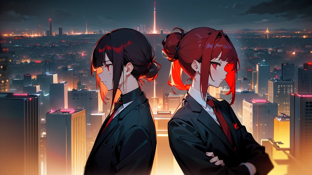 masterpiece, detailed, ( 2 people focus ) , girl and gang male at an night modern cityscape , ( 1 girl and 1 gang male:1.3 ) , red hair male, ( male with red hairstyle:1.3 ) , male's nape hair is long , ( beige hair girl ) , chignon hairstyle girl, ( girl with single chignon hairstyle:1.3 ), messy blunt bangs male , girl with blunt bangs , wearing black suit , deep-red eye , ( male face:1.3 ) , (( The background of the night modern cityscape )) , ( midnight ) , back to back , neon , building , moonlight