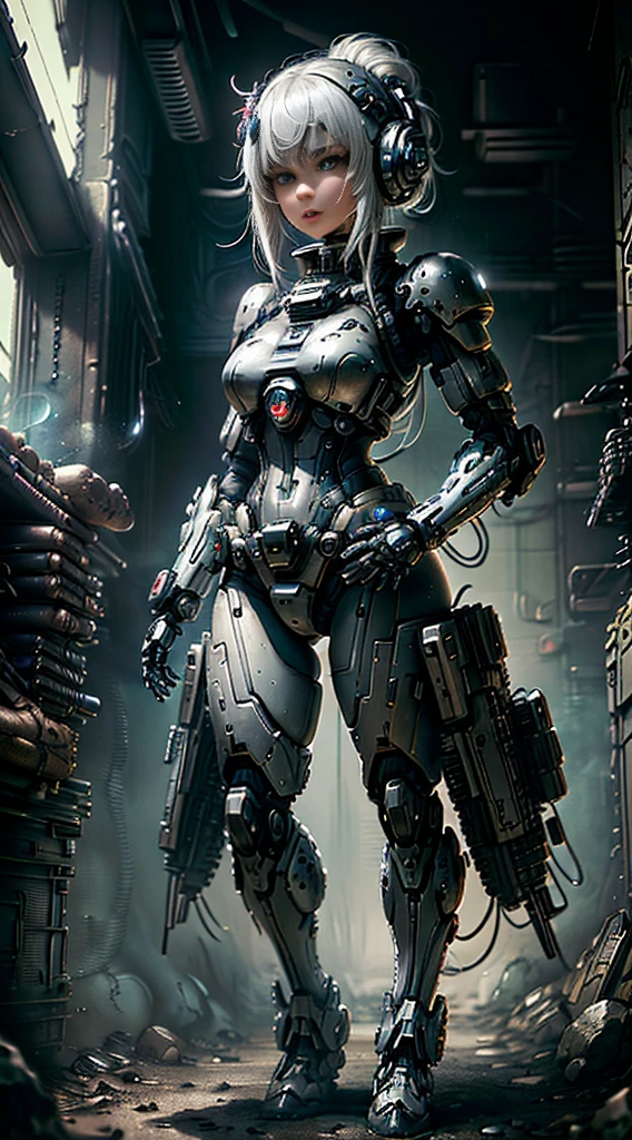1 girl white hair soldier style gun in the background, White armor girl, Cyberpunk anime mecha girl, Wearing sci-fi military armor, Beautiful black robot girl, Robot-Silver Girl, Fela Negro, Overwatch Ecosystem, Perfect anime woman, Blue pupils, Five fingers, CGhSociety Inspired Battlefield, Alien Planet, Alien Wars,