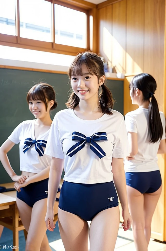 girls walking in sunny wooden school classroom,white school t-shirt with blue trim,navy blue swimming briefs,18-year-old,bangs,a little smile,thighs,knees,short hair with low pigtails bunches,from beside,front light