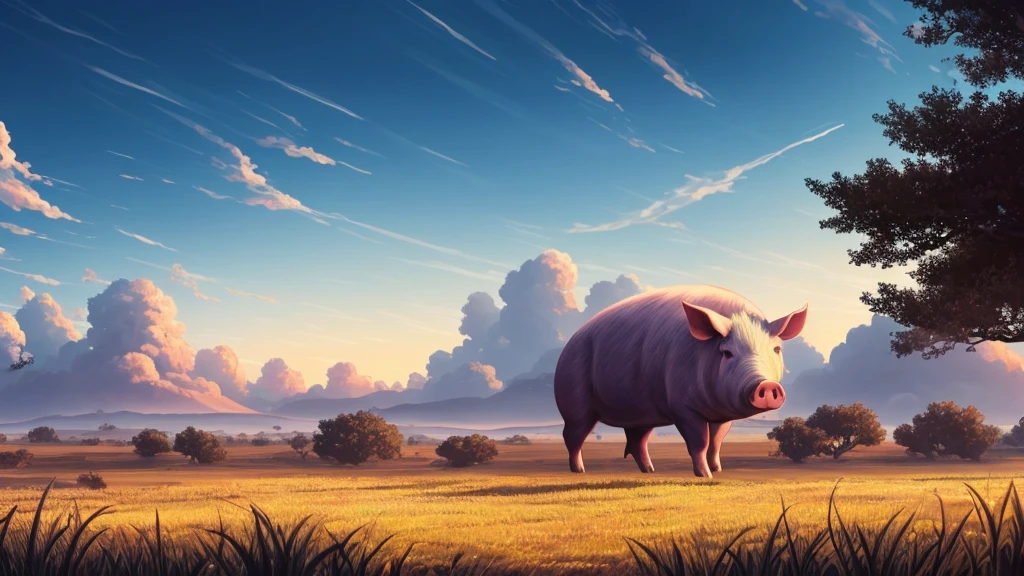 Plains,blue sky,Pig monster in the distance, Digital Illustration, Highly detailed digital art in 4K, Night view, game art wallpaper 4k, game art wallpaper 4k, 4K Detailed Digital Art, Natural scenery at night, Game Art Wallpaper 8k, Background artwork, Beautiful Art UHD 4K, 4k HD illustration wallpaper
