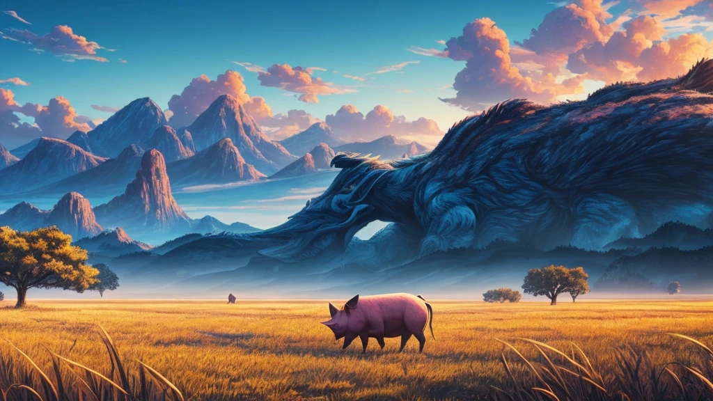 Plains,blue sky,Pig monster in the distance, Digital Illustration, Highly detailed digital art in 4K, Night view, game art wallpaper 4k, game art wallpaper 4k, 4K Detailed Digital Art, Natural scenery at night, Game Art Wallpaper 8k, Background artwork, Beautiful Art UHD 4K, 4k HD illustration wallpaper