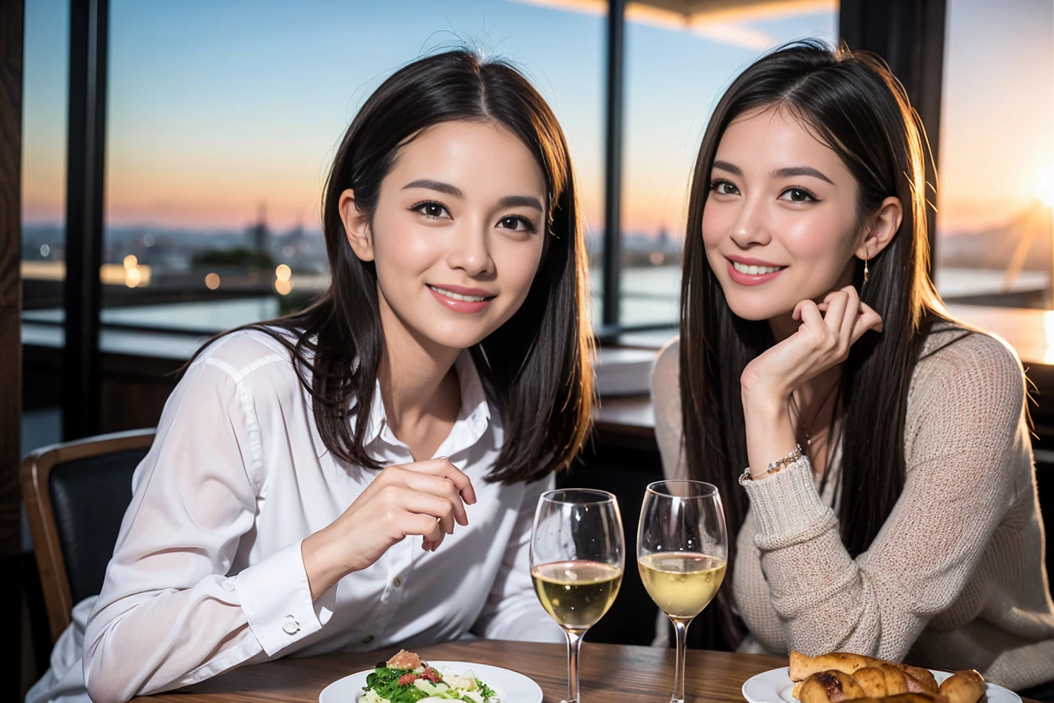 ((Highest quality、8K、masterpiece:1.3))、1 male 1 female、spouse、Beautiful couple、smile、full-course dinner、 (Slim face), (the body is スリム), (Brown Hair), (Shortcuts), ((Bob Hale、Straight hair:1.2)), テーブルの上のwine glass、Put the light on your face、 Amazing view of the sunset sky and clouds、smileの美しさ、Bright image、Blushing, Shortcuts, (Age 35), 39 years old, Appetizers、Italian food、Wine bottle、Champagne、sparkling wine、Long sleeve shirt、dress、Attractive beauty、restaurant, Nova Frog Style, actress, model, Upper Body, White wine, red wine, wine glass,