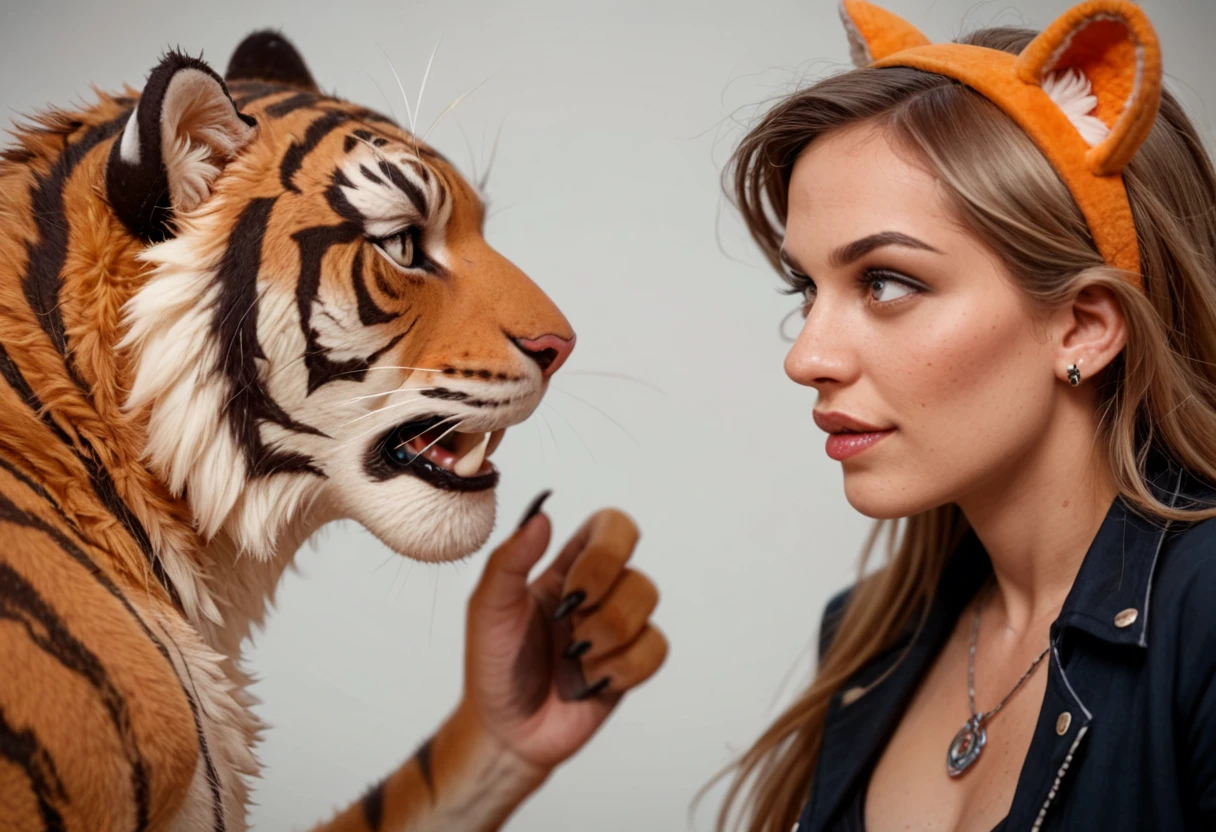 Illustration of s wearing realistic tiger costumes. The stuffed tiger looks like real tiger fur and has a ferocious look. The image should represent a fusion of the realism of the tiger suit and the cartoonish charm of the girls' faces.