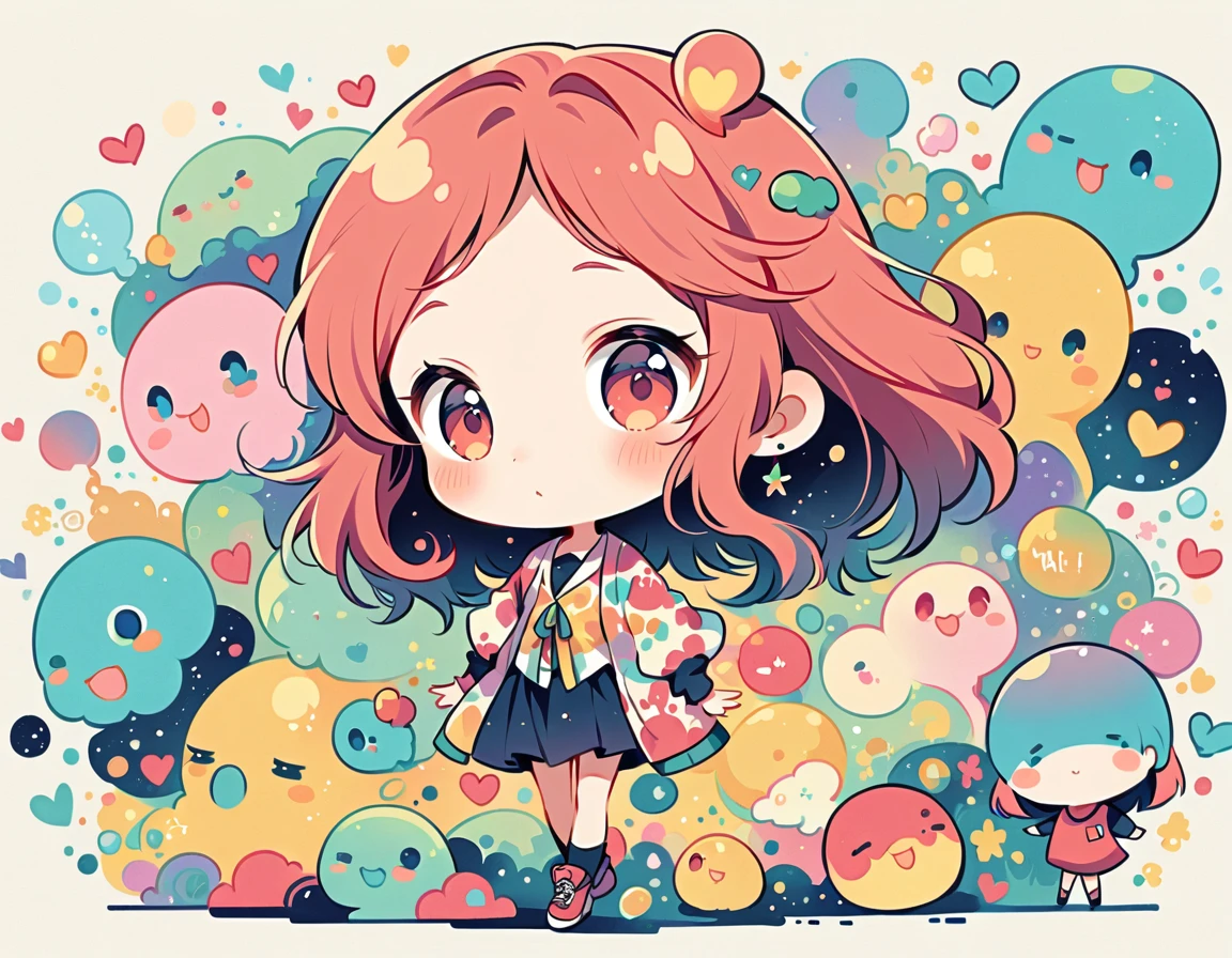 Mai Yoneyama style, Simple Line Initialism，Abstract art，Urban Background, colorful hearts ,(((The most beautiful girl of all time))), (((chibi))), (((Cute amoeba))), Space Travel