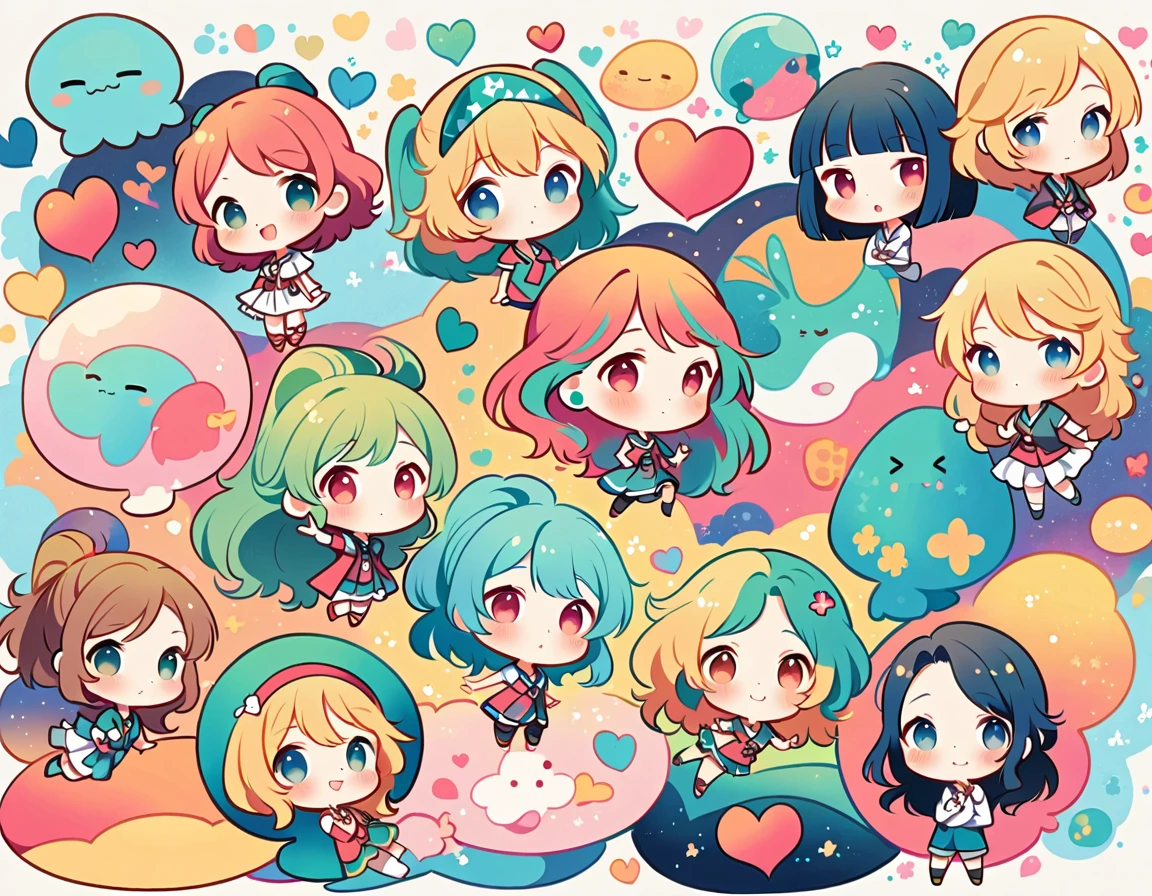 Mai Yoneyama style, Simple Line Initialism,Abstract art,Urban Background, colorful hearts ,(((The most beautiful girl of all time))), (((chibi))), (((Cute amoeba))), Space Travel