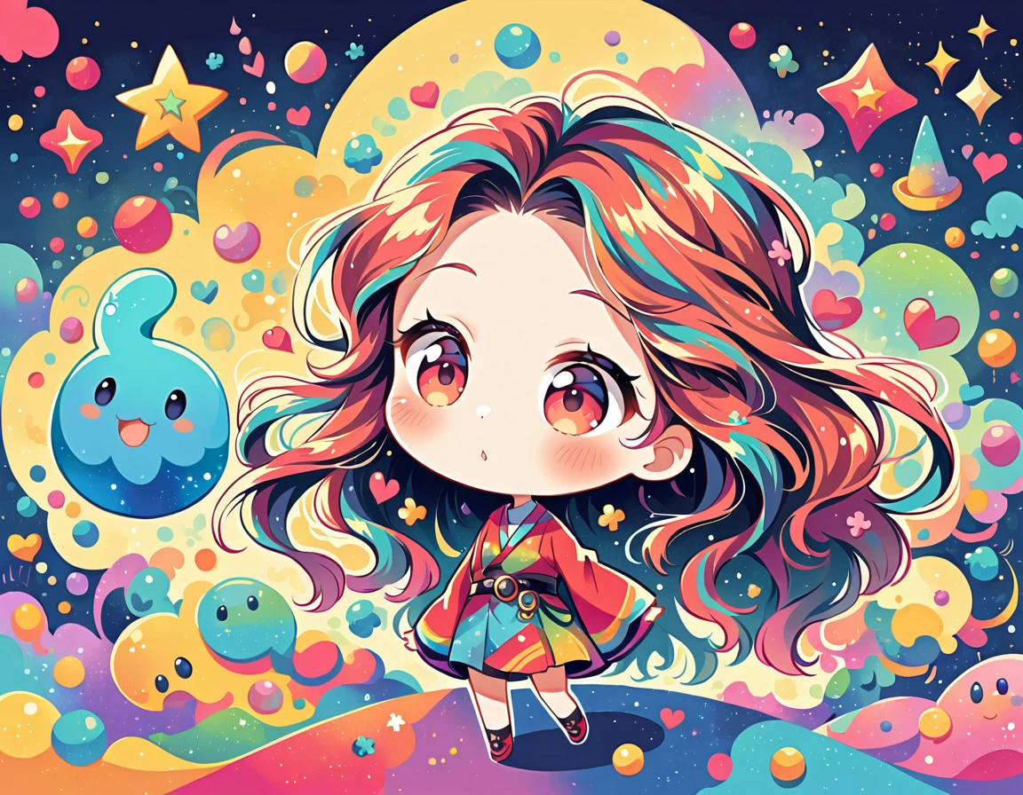 Mai Yoneyama style, Simple Line Initialism,Abstract art,Urban Background, colorful hearts ,(((The most beautiful girl of all time))), (((chibi))), (((Cute amoeba))), Space Travel