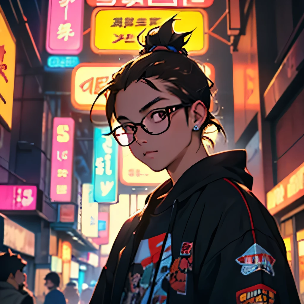 Solo female Filipino brown eyes with a messy man bun styled brown hair while wearing glasses and is wearing hype beast clothing set in a neo Tokyo city at night while all the neon signs glow 