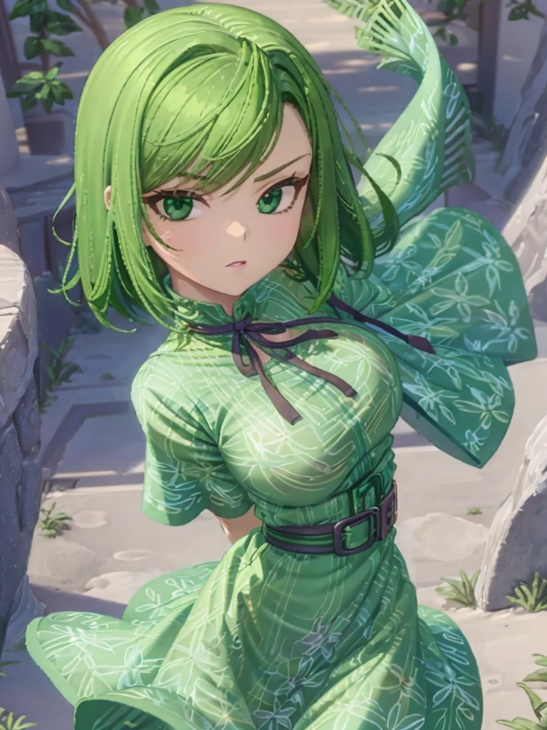 1girl, solo, green skin, green eyes, big eyes, long eyelashes, green hair, short hair, shiny hair, medium breasts, green dress, apron dress, floral print dress, green belt, purple scarf, translucent scarf, green leggins, looking at viewer, bare arms, disgust face, narrow waist, big butt, covered nipples, violet lips,