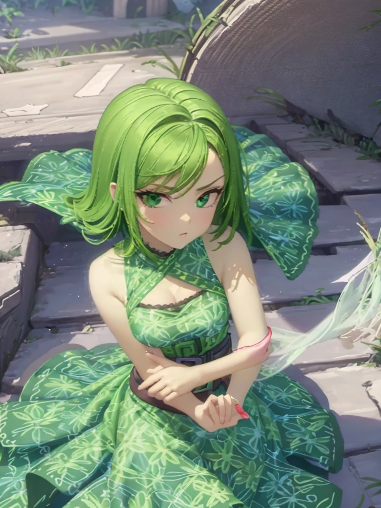 1girl, solo, green skin, green eyes, big eyes, long eyelashes, green hair, short hair, shiny hair, medium breasts, green dress, apron dress, floral print dress, green belt, purple scarf, translucent scarf, green leggins, looking at viewer, bare arms, disgust face, narrow waist, big butt, covered nipples, violet lips,