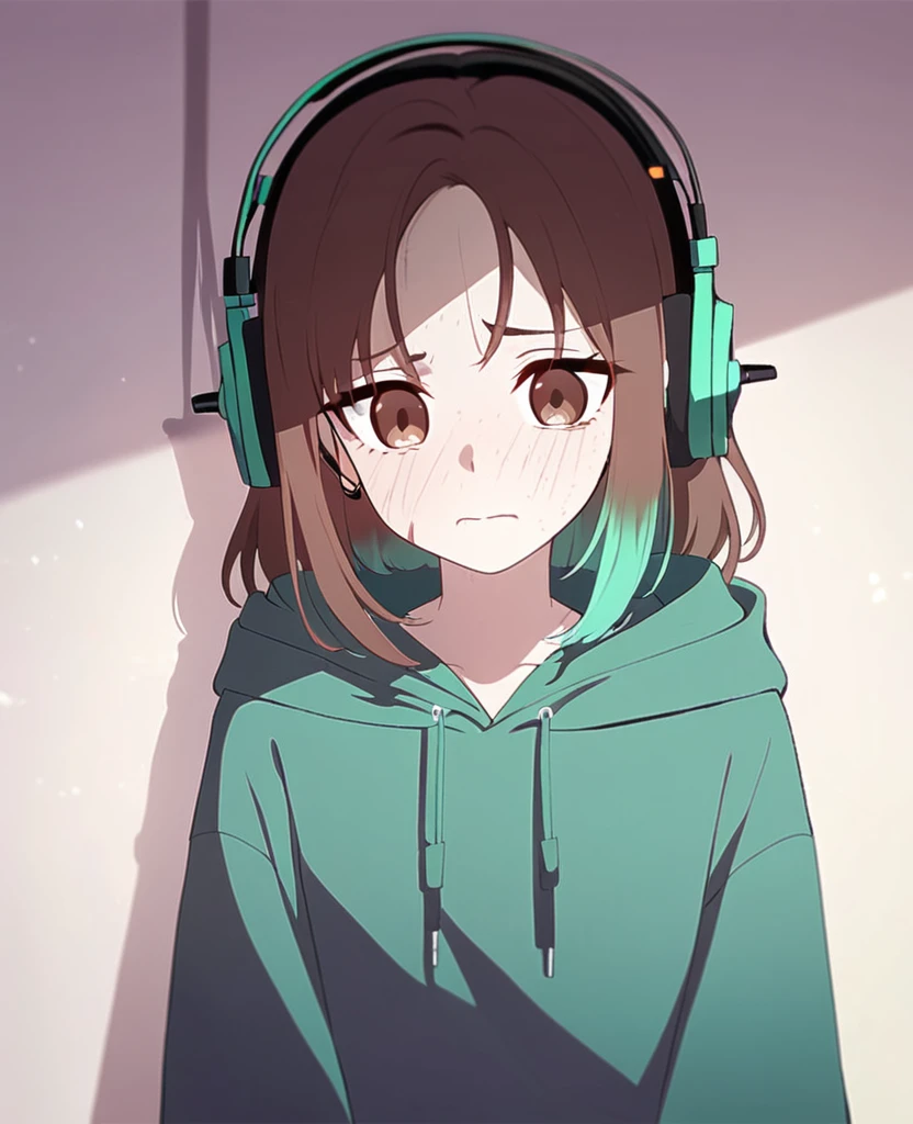 Make me a girl with shoulder length, wavy brown hair with seafoam green underdye. Middle part, brown eyes, self harm scars, hoodie with headphones. Loves music, has a slight frowning face. Anxious and awkward.