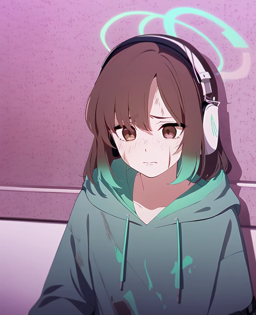 Make me a girl with shoulder length, wavy brown hair with seafoam green underdye. Middle part, brown eyes, self harm scars, hoodie with headphones. Loves music, has a slight frowning face. Anxious and awkward.