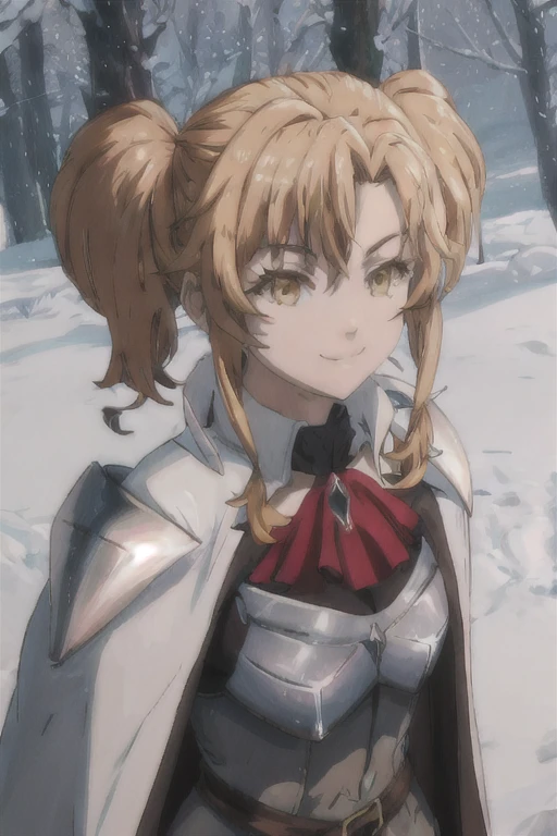 GoblinSlayer, NobleFencer, solo, girl1, looking at viewer, smile, long sleeves, brown eyes, cape, armor, shoulder armor, portrait, red ascot, snow, outdoor