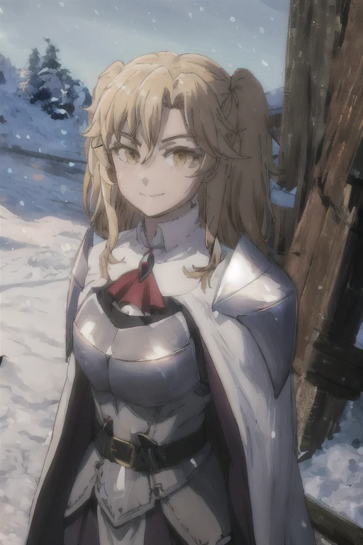 GoblinSlayer, NobleFencer, solo, girl1, looking at viewer, smile, long sleeves, brown eyes, cape, armor, shoulder armor, portrait, red ascot, snow, outdoor