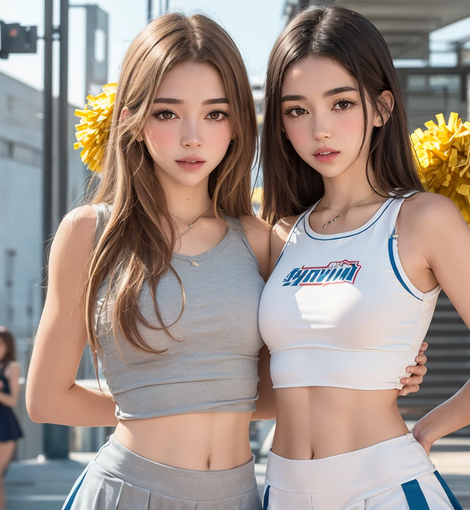 (Full Body Photo), 8k, FHD, ((Ultra Res)) (Real Face: 1.2), (Light and Vivid Colors) (Real Skin Texture), (Masterpiece), (Best Quality), (Natural Skin , soft and pale), red hair that shows one ear). (bright, vibrant, detailed gray eyes). (Expressive eyes with extreme details. 2girls, multiple girls, natural lighting, masterpiece, highly detailed, illustration, game CG, absurdres, high quality, hug, glossy lips, looking at viewer, cheerleader, midriff