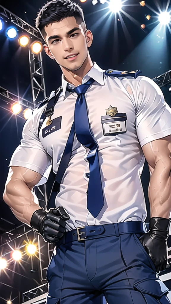 handsome man,(crew cut short hair:1.2),black eye,smile,open mouth (navy police uniform:1.2),(open shirt short sleeves:1.2),collar,(shirt covered over:1.2),(name tag and Police badge:1.2),(shirt no buttons:1.1),(black_gloves:1.3), (Navy blue cargo:1.2),Korean guy,korean men,(High gloss details),(chest muscles:1.2),(large arm muscles:1.2),blood vessel,Big muscles,Broad shoulders,looking at the audience,Balancing the eyes,middle of the road,(stage:1.4)