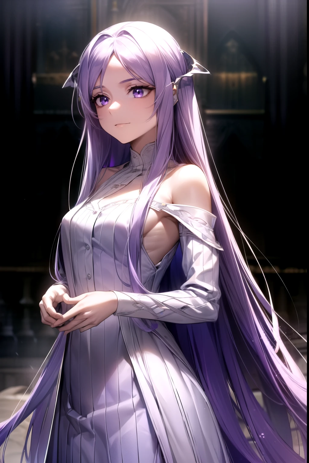 Kinera, Kinera, absurdly Long Hair, (Purple eyes:1.1), Long Hair, Parted bangs, Purple Hair, very Long Hair, hair ornaments,
break dress, Purple Dress, ribbed dress, Removable sleeves, No sleeve,
break indoors, bed,
break looking at viewer, (Cowboy Shot:1.5),
break (masterpiece:1.2), Highest quality, High resolution, unity 8k wallpaper, (figure:0.8), (Beautiful attention to detail:1.6), Highly detailed face, Perfect lighting, Highly detailed CG, (Perfect hands, Perfect Anatomy),