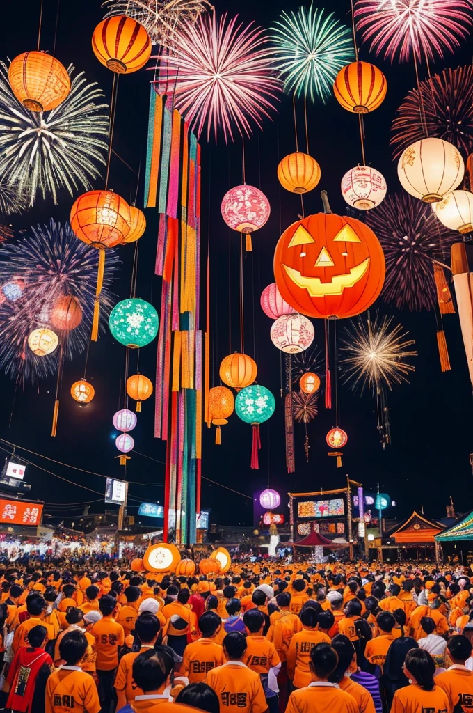 A festival that beautifully combines Japanese festivals, Halloween, and Christmas.、Painted in the style of pop art。Characterized by bright colors and bold lines.、The festival atmosphere is getting more exciting。people々While dancing in traditional festival costumes、サンタクロースやハロウィンの仮装をしたpeople々Also mixed、A joyous festival scene unfolds。The sounds of music and fireworks echoed、The venue was filled with a sense of unity。This piece of pop art is、Combining elements of different cultures and festivals、It creates new energy and creativity。