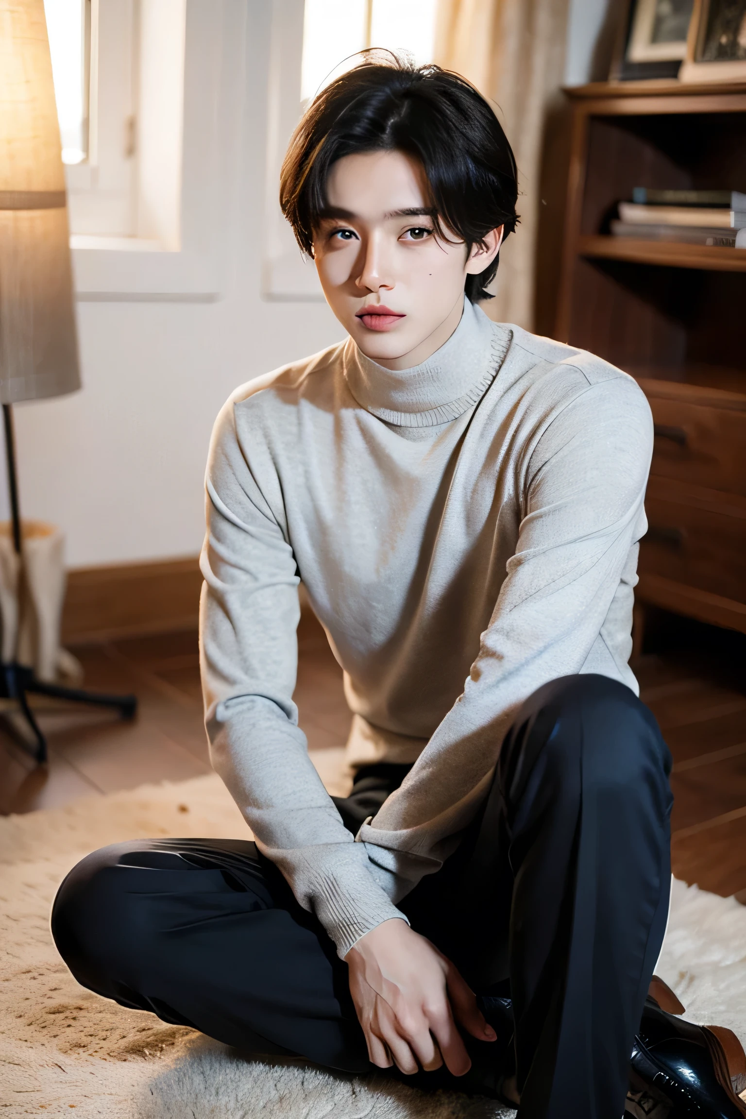 Cute young manhwa boy, who has black hair in a wolfcut and blue eyes, her skin is clear as milk, He wears elegant clothes and one of them is a dark blue long-sleeved turtleneck shirt and elegant black pants with elegant black shoes., He is in an elegant and rich home, He is close to the camera posing seriously