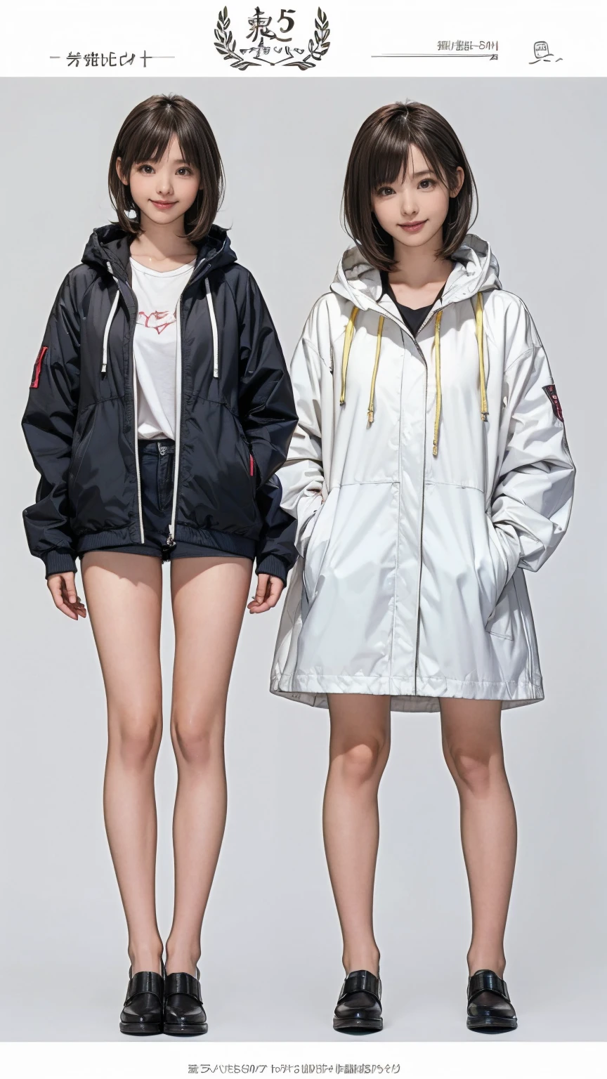 ((masterpiece)),(((Highest quality))),((Character design sheet)), Thin thighs,Long legs,18 year old Japanese girl, Cute type,The best smile:1.5、White long parka:1.5, Black panties peek:1.5，Short cut side wave ,  (Highly detailed skin), background is gray，