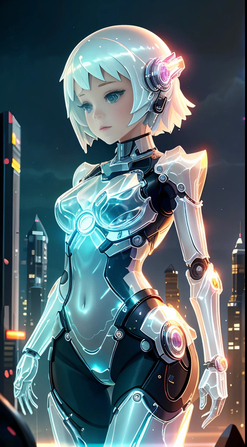 A translucent and mysterious mechanical girl,Futuristic Girl,Mechanical joint,Futuristic city background