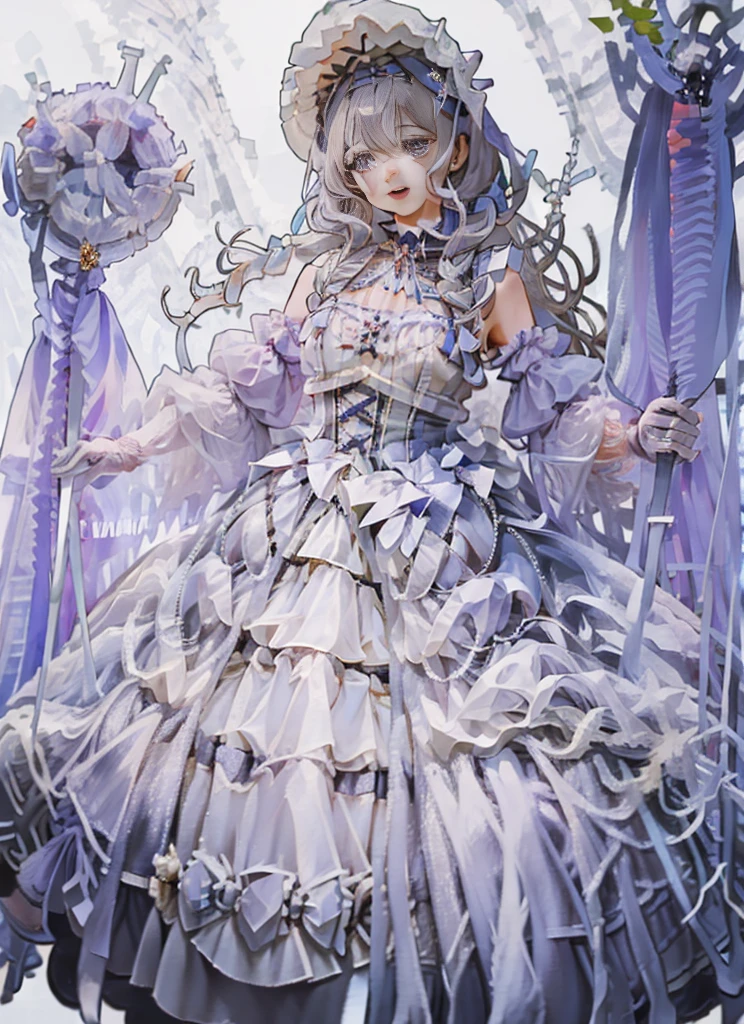 (Extremely delicate and beautiful:1.5),A Russian girl in her early 20s with ash grey hair, standing on your feet, solo, full body,Sweet face,Light smile,By bangs, Gemstone eyes, Contre-Jour,Long curly hair, Black-gothic-lolita dress, Keep one's mouth shut, seen from the side, lanterns, light particules, longer sleeves, looking at viewert,pink bows, The background is filled with seven colors, The face is dense((must)), Masterpiece