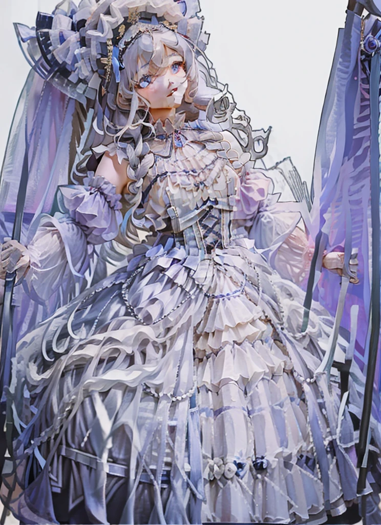 (Extremely delicate and beautiful:1.5),A Russian girl in her early 20s with ash grey hair, standing on your feet, solo, full body，Sweet face，Light smile，By bangs, Gemstone eyes, Contre-Jour，Long curly hair, Black-gothic-lolita dress, Keep one's mouth shut, seen from the side, lanterns, light particules, longer sleeves, looking at viewert，pink bows, The background is filled with seven colors, The face is dense((must)), Masterpiece