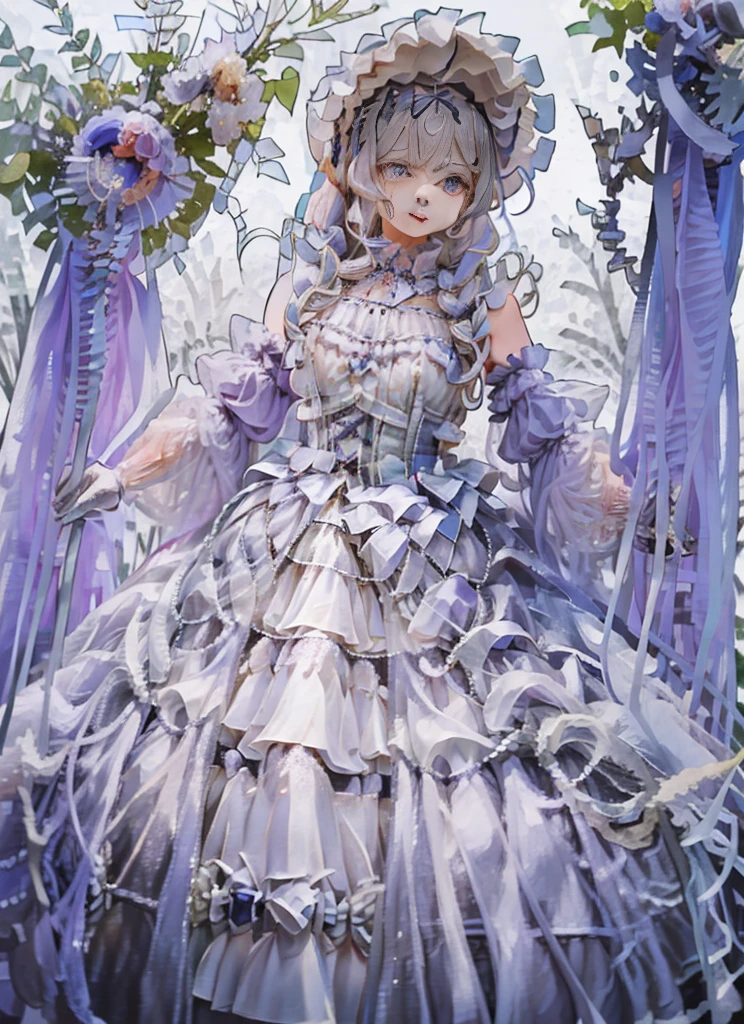 (Extremely delicate and beautiful:1.5),A Russian girl in her early 20s with ash grey hair, standing on your feet, solo, full body，Sweet face，Light smile，By bangs, Gemstone eyes, Contre-Jour，Long curly hair, Black-gothic-lolita dress, Keep one's mouth shut, seen from the side, lanterns, light particules, longer sleeves, looking at viewert，pink bows, The background is filled with seven colors, The face is dense((must)), Masterpiece