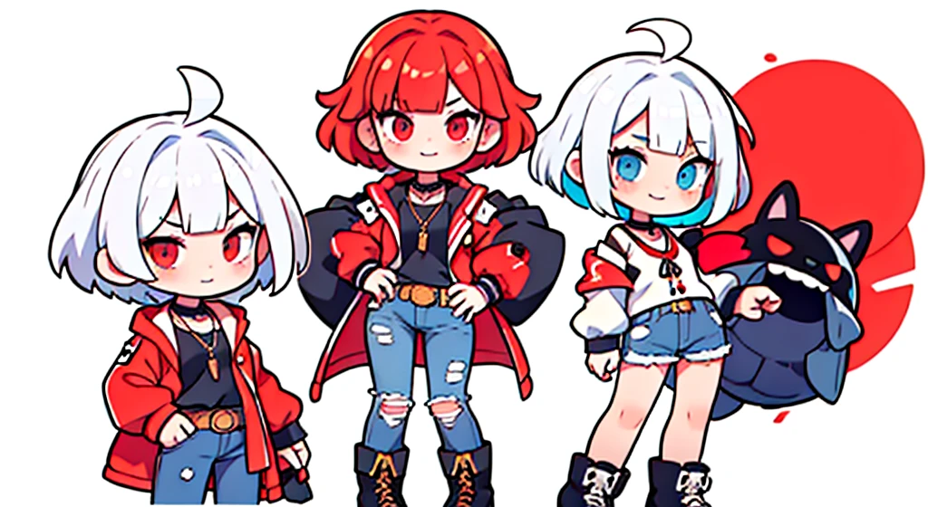 female , mystic knight, delightful, glad, grinning, semi long, ahoge, bob cut, ahoge, flipped hair, diagonal bangs, blunt bangs, white hair, gradient hair, red hair, multicolored hair, red eyes, gradient eyes, eyes open, wide-eyed, big eyes, fair skin, short, leggy, jeans, jacket, choker, boots, necklace, cute face, young adult, cel anime, manga, slim, standing, front view, looking at viewer, vest, white background, hands on hips