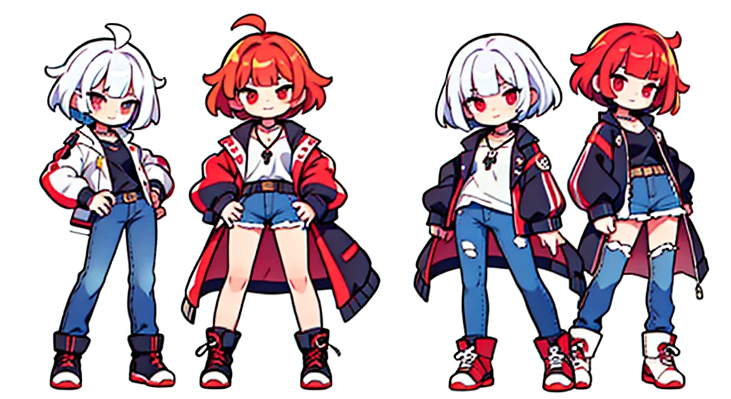 female , mystic knight, delightful, glad, grinning, semi long, ahoge, bob cut, ahoge, flipped hair, diagonal bangs, blunt bangs, white hair, gradient hair, red hair, multicolored hair, red eyes, gradient eyes, eyes open, wide-eyed, big eyes, fair skin, short, leggy, jeans, jacket, choker, boots, necklace, cute face, young adult, cel anime, manga, slim, standing, front view, looking at viewer, vest, white background, hands on hips