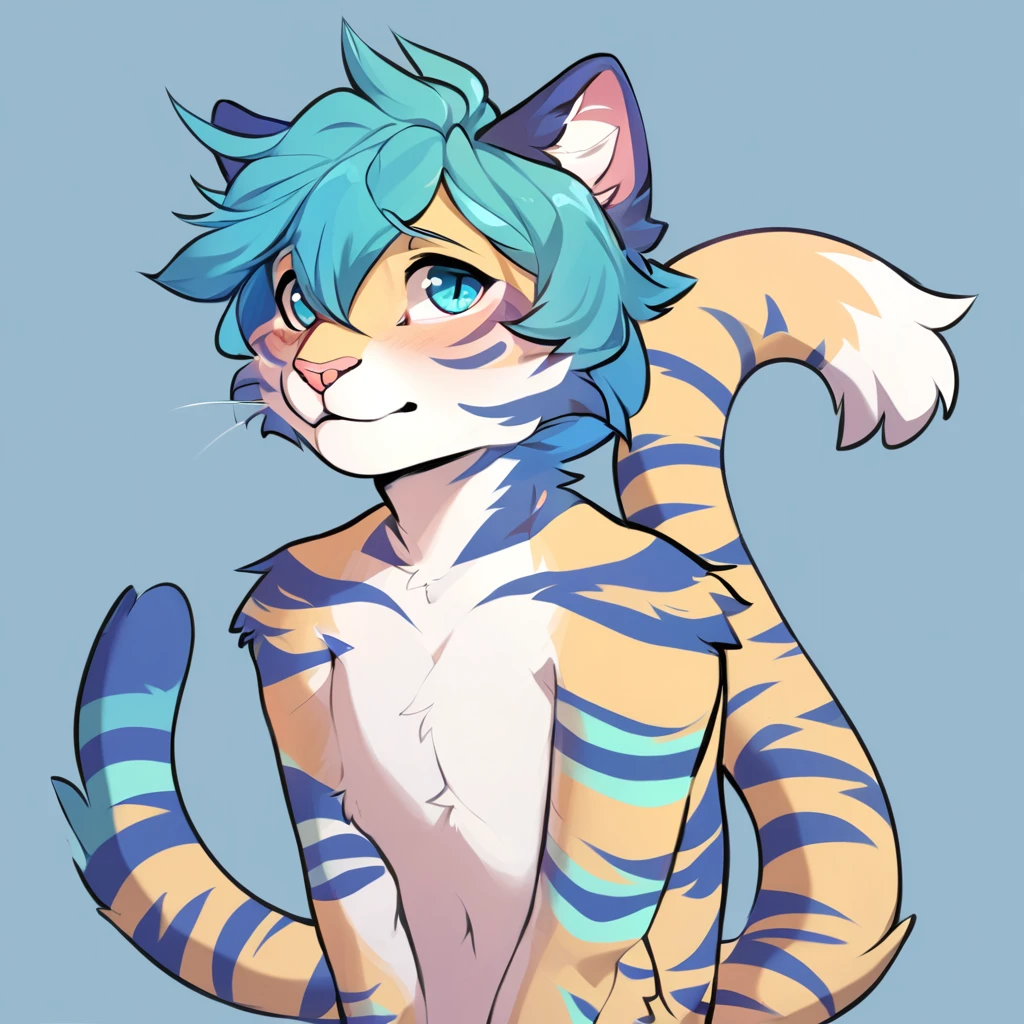 adult, feline, mammal, anthro, anthromorphic, cat, striped, fur, furred_anthro, femboy, male, blue, ear_tufts, purple, paws, hair_tuft, hair_between_eyes, long_tail, fluffy, expressive_eyes, blue/teal_hair, light looking_at_viewer, blue_fur, shy, small_pupils, spotted_pattern, stripes, tiger_stripes, digital_art, high_resolution, high_res, background shy, head_visible, neck_visible, profile_picture